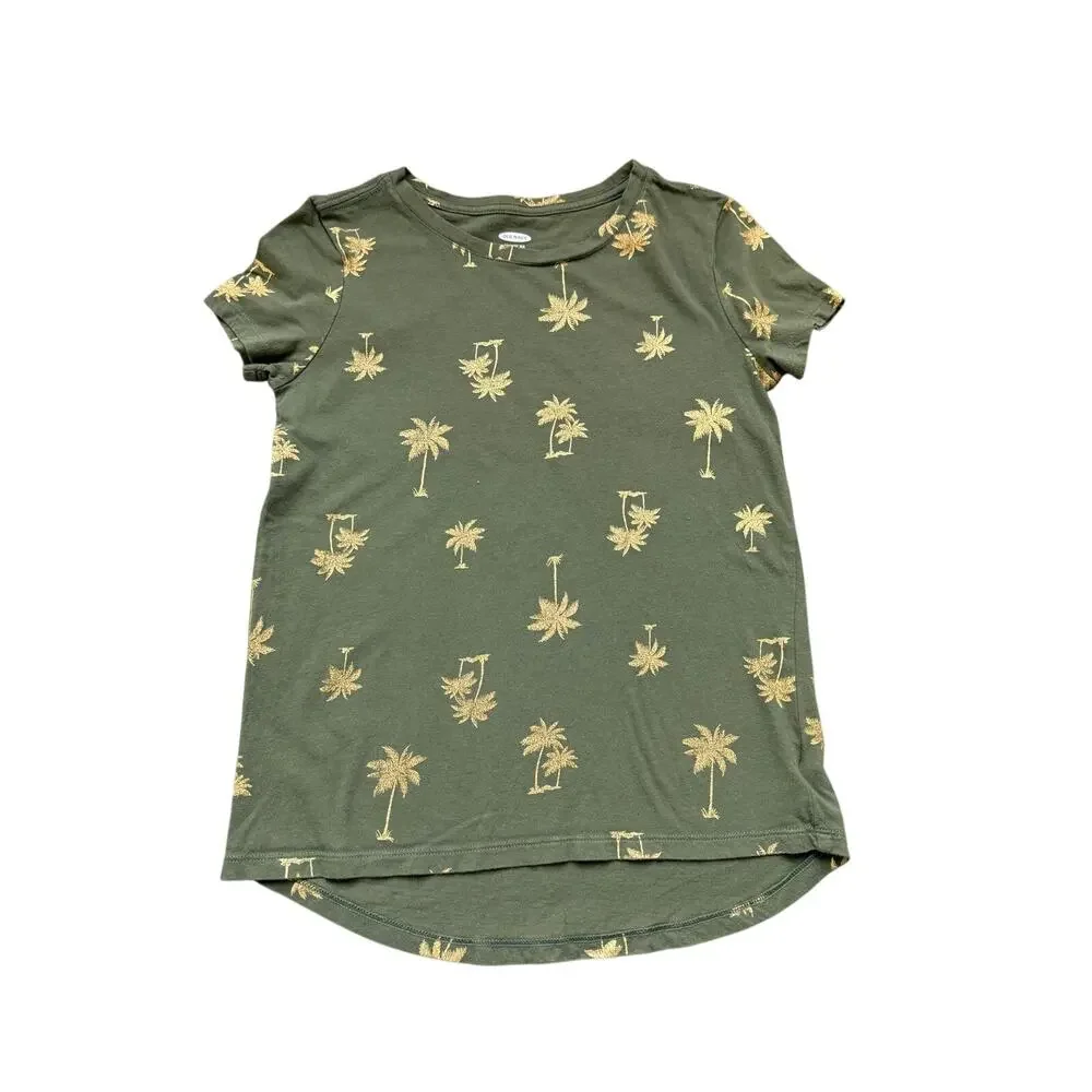 Girls L 10-12 Old Navy Olive Green Gold Palm Tree Short Sleeve Softest Tee Shirt